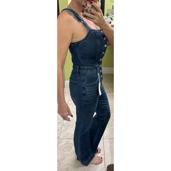 Flamingals Button fly high waist flare overalls XS tall 31 inseam $70 retail NWT - Picture 8 of 11